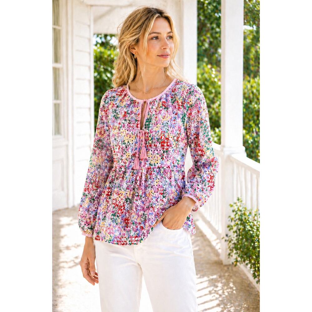 Joules Floral Eyelet Peasant Blouse White Pink Multi Size 12 - Picture 2 of 12
